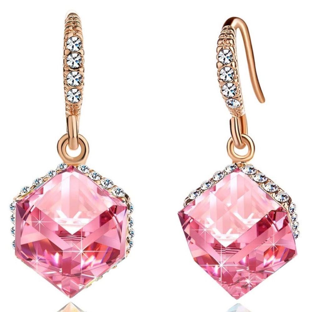 14K Rose Gold with Pink Sapphire and Diamond Austrian Crystal Cube Hook Earrings